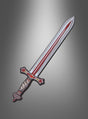 Ein Ritterschwert in Rot (11,5 × 45 cm) mit silberner Klinge, leuchtend roten Akzenten und einem dekorativen Griff aus EVA-Schaumstoff wird vor einem grau verlaufenden Hintergrund präsentiert.
