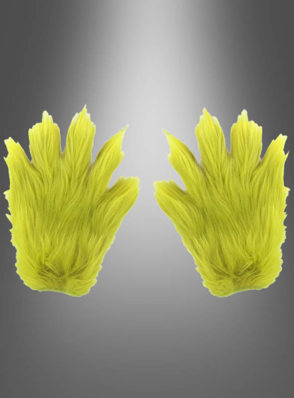 Ein Paar leuchtend grüne „Der Grinch grüne Handschuhe“ mit jeweils vier Fingern – perfekt als verspieltes Weihnachtsaccessoire oder als krönender Abschluss Ihres Grinch-Kostüms –, präsentiert vor einem grau verlaufenden Hintergrund.