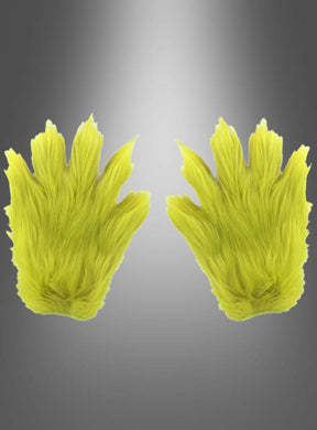 Ein Paar leuchtend grüne „Der Grinch grüne Handschuhe“ mit jeweils vier Fingern – perfekt als verspieltes Weihnachtsaccessoire oder als krönender Abschluss Ihres Grinch-Kostüms –, präsentiert vor einem grau verlaufenden Hintergrund.
