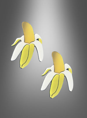 Zwei Illustrationen im Cartoon-Stil, die geschälte Bananen in Gelb und Weiß zeigen, sind vor einem grauen Hintergrund mit Farbverlauf abgebildet und fangen den verspielten Charme der „Acryl-Ohrringe Banane“ ein – eine ideale Inspiration für fantasievolle Modeschmuck-Designs.