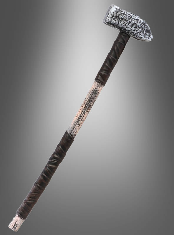 Ein robuster „Großer Hammer“ (73 cm), ein Kriegshammer mit einem verwitterten, umwickelten Holzgriff und einem stattlichen grauen Metallkopf, sticht vor einem Hintergrund mit Farbverlauf hervor – ideal als Accessoire für ein Kriegshammer-Kostüm oder als auffällige Hammer-Halloween-Dekoration für Veranstaltungen im Fantasy-Stil.