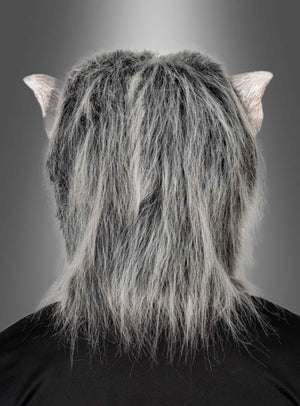 Eine Person, die die Werwolf-Latexmaske mit Kunstfell trägt – mit grauem Kunstfell und spitzen Ohren –, von hinten vor einem grau verlaufenden Hintergrund fotografiert – eine beeindruckende Maske, die perfekt zu jedem Werwolf-Kostüm passt.