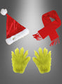 Das 3-teilige „Der Grinch“-Geschenkset, bestehend aus einer roten Weihnachtsmütze, einem roten Schal und einem Paar pelziger grüner Handschuhe, ist vor einem grauen Hintergrund mit Farbverlauf arrangiert.