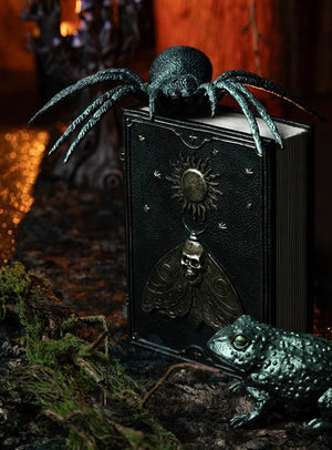 Ein dekoratives schwarzes Buch mit einem Motiv aus Sonne, Totenkopf und Motte wird von einer Halloween-Deko-Spinne gekrönt, deren riesiger Kunststoffkörper einen unheimlichen Charme versprüht, während die 23 cm große, grün schimmernde Halloween-Spinne daneben auf der moosbewachsenen Oberfläche sitzt.