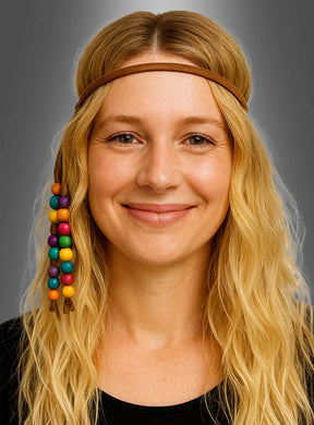 Eine Frau mit langen blonden Haaren, die vor einem grauen Hintergrund in die Kamera lächelt, trägt ein braunes Hippie-Stirnband mit Holzperlen, das auf einer Seite mit bunten Perlen verziert ist.