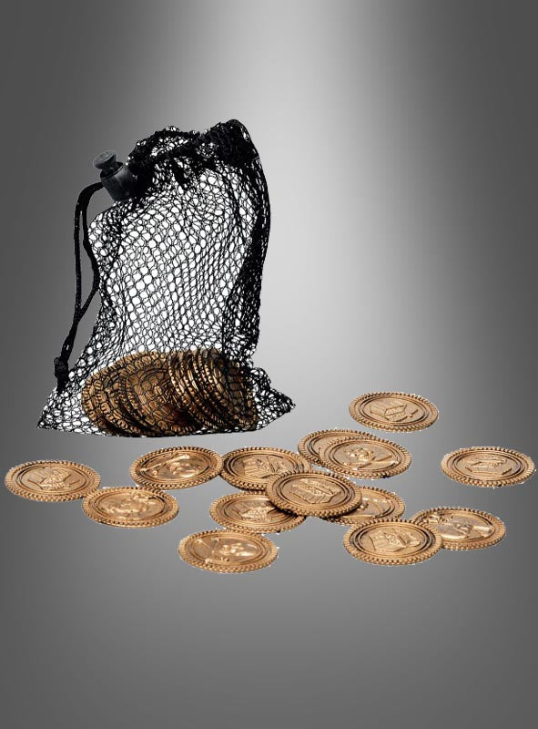 Ein schwarzer Schatzbeutel aus Netzstoff mit der Aufschrift „Piratengeld“, gefüllt mit Goldmünzen, vor dem mehrere ähnliche Goldtaler auf einem grauen Hintergrund mit Farbverlauf verstreut liegen.