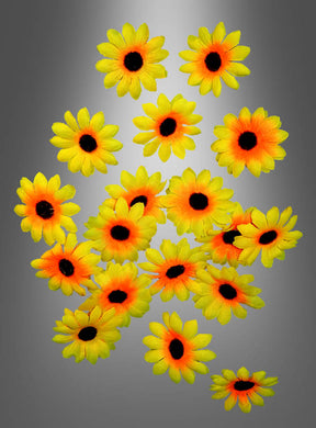 Siebzehn Deko-Blüten in Form von Sonnenblumen mit dunklen Blütenkernen sind vor einem grauen Hintergrund mit Farbverlauf angeordnet und eignen sich daher perfekt, um jeden Raum aufzuhellen oder Ihrer Hippieparty-Dekoration eine fröhliche Note zu verleihen.