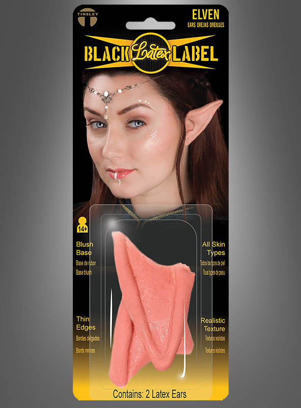 Set mit „Elfenohren Latex Deluxe Tinsley Transfers“ mit dem Motiv einer Frau, die die Latex-Elfenohren (spitze Elfenohren) als Kostümträgerin trägt. Dieses Kostüm-Accessoire besticht durch seine realistische Textur und die dünnen Ränder und enthält zwei Latex-Ohren.