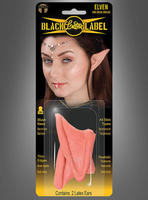 Set mit „Elfenohren Latex Deluxe Tinsley Transfers“ mit dem Motiv einer Frau, die die Latex-Elfenohren (spitze Elfenohren) als Kostümträgerin trägt. Dieses Kostüm-Accessoire besticht durch seine realistische Textur und die dünnen Ränder und enthält zwei Latex-Ohren.