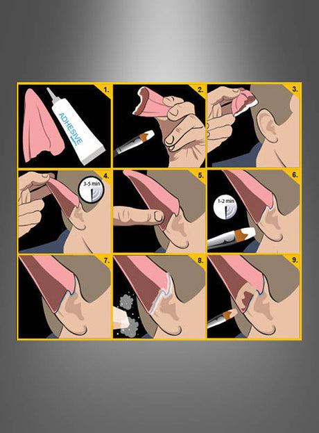 Eine Schritt-für-Schritt-Anleitung, die zeigt, wie man Kleber aufträgt und ein künstliches Ohr anbringt – zum Beispiel die „Elfenohren Latex Deluxe Tinsley Transfers“. Dazu gehören das Auftragen des Klebers, das Andrücken, das Warten und das Anbringen dieses Kostümzubehörs an der Seite des Kopfes.