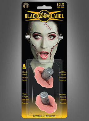 Verkaufsverpackung für „FX Bolzen Frankenstein Tinsley Transfers“ mit einem Modell, das mithilfe von FX-Prothesen und Latex-Bolzen an Hals und Kopf in Frankensteins Monster verwandelt wurde – konzipiert für Kostüm- oder Spezialeffekt-Make-up.