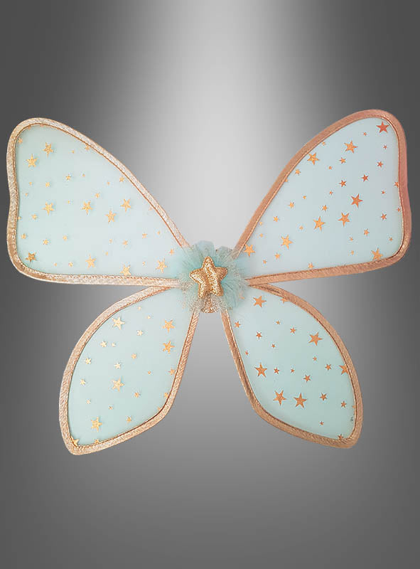 Wunderschönes Feen-Kostüm-Set: Transparente Feenflügel mit goldenem Rand und verstreuten goldenen Sternen, in der Mitte verziert mit einem goldfarbenen Tüllstern – das perfekte Accessoire für jedes Feenkostüm für Mädchen oder jedes Zauberfeen-Kostüm-Set, präsentiert vor einem sanften grauen Farbverlaufshintergrund.