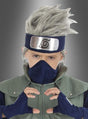 Eine Person, die die Kakashi-Perücke für Kinder aus Naruto trägt, dazu einen Stirnschutz aus Metall und eine grüne Weste, posiert mit gefalteten Händen und verkörpert damit in diesem beeindruckenden Anime-Cosplay perfekt die Figur aus dem Anime.