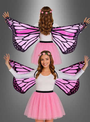 Eine Frau trägt ein rosa Tutu, ein weißes Oberteil und rosa Schmetterlingsflügel für Frauen (163 cm), dazu einen Blumenkranz; die Aufnahme zeigt sie von vorne und von hinten vor einem grauen Hintergrund mit Farbverlauf.