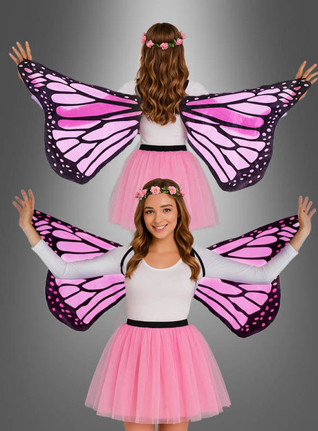 Eine Frau trägt ein rosa Tutu, ein weißes Oberteil und rosa Schmetterlingsflügel für Frauen (163 cm), dazu einen Blumenkranz; die Aufnahme zeigt sie von vorne und von hinten vor einem grauen Hintergrund mit Farbverlauf.