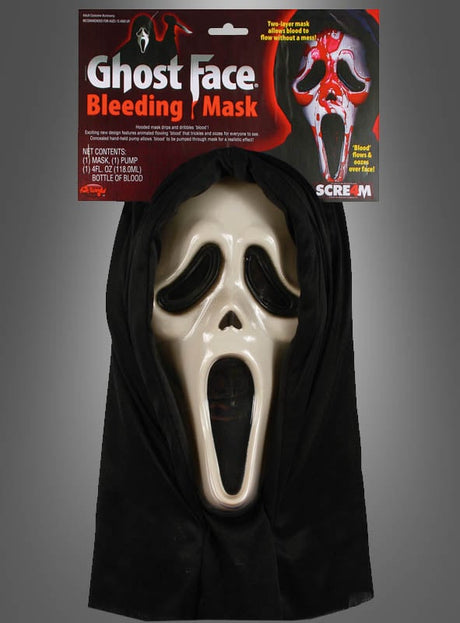 Scream-Maske für Halloween mit Blutpumpe in der Verpackung – enthält eine weiße Maske mit schwarzer Kapuze sowie eine Flasche Kunstblut und eine integrierte Blutpumpe für besondere Gruseleffekte.