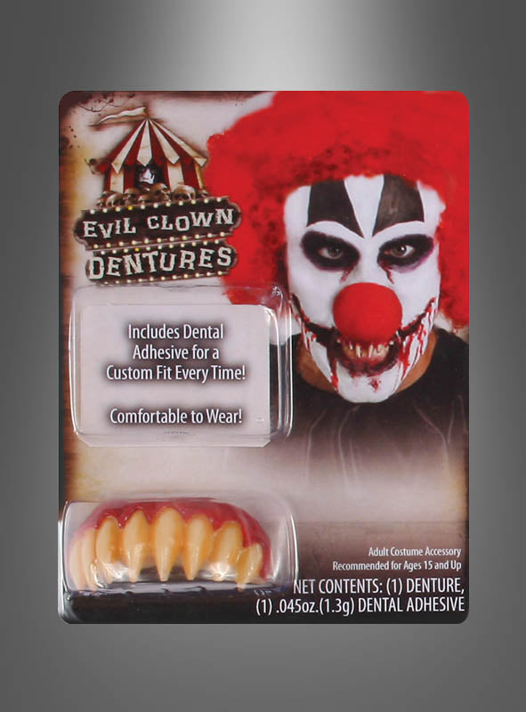 Verpackung des Kostümzubehörs „Unheimliches Killer-Clown-Gebiss“ mit gruseligen Zähnen für das perfekte Horror-Clown-Kostüm. Auf der Verpackung sind gelbe Kunstzähne sowie ein Clown mit roter Perücke und Gesichtsbemalung abgebildet, die für einen besonders furchteinflößenden Effekt sorgen.