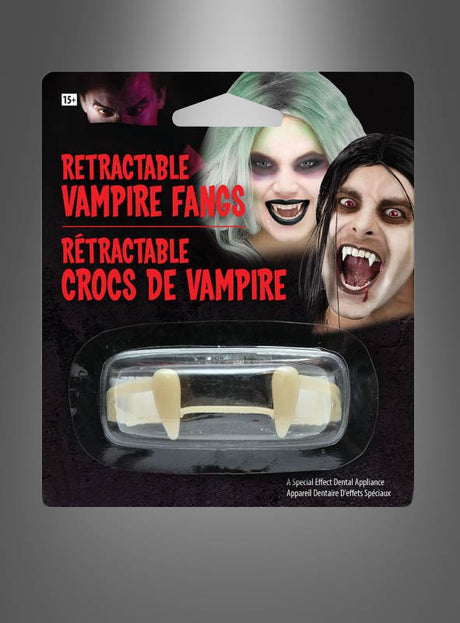 Verpackung von „Ausfahrbaren Vampirzähnen“ (einziehbare Vampirzähne) mit Abbildungen von Trägern, dargestellt vor schwarzem Hintergrund mit auffälligen roten und weißen englischen und französischen Texten – ideal für Ihr nächstes Halloween-Kostüm.