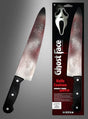 Zwei Ansichten des Original-Küchenmessers „GHOST FACE Messer Scream“ (38 cm) in der Verpackung, verziert mit künstlichen Blutspritzern sowie dem ikonischen „Scream“-Logo und der Maske – ein absolutes Muss für jeden Horrorfan zu Halloween.