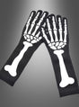 Ein Paar schwarze Handschuhe mit weißen Skelett-Motiven aus Hand- und Armknochen auf der Oberseite, dargestellt vor einem grauen Farbverlaufshintergrund – diese „Skelett-Handschuhe für Erwachsene 40 cm“ sind das perfekte Halloween-Accessoire, um dein Skelett-Kostüm zu vervollständigen.