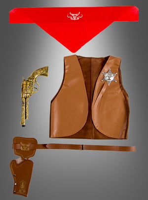 5-teiliges Sheriff-Kostüm-Set für Kinder, bestehend aus einem roten Bandana, einer braunen Weste mit Sheriff-Abzeichen, einer goldenen Spielzeugpistole (Revolver) und einem passenden Holster-Gürtel – alles präsentiert vor grauem Hintergrund.