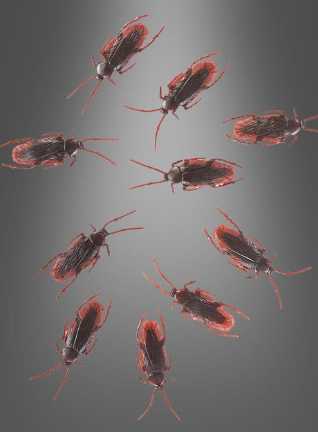 Zehn naturgetreue, rotbraune Insekten mit segmentierten Körpern und Fühlern – genau wie die aus dem Set „10 lebensgroße Kakerlaken Dekoration Halloween“ – sind kreisförmig auf einem grauen Hintergrund mit Farbverlauf angeordnet und eignen sich somit perfekt als gruselige Kakerlaken-Deko für Ihre Halloween-Tischdekoration.