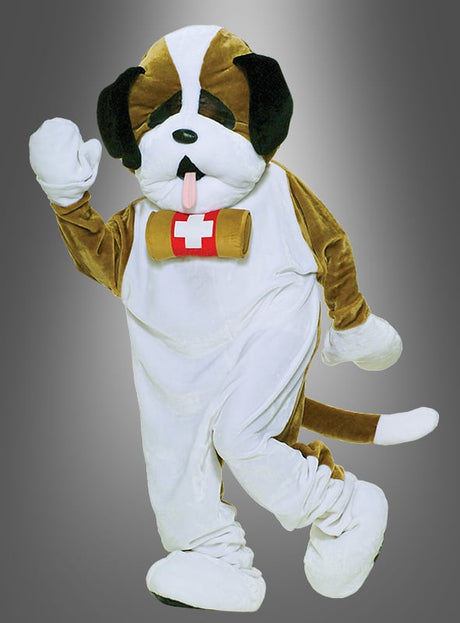 Eine Person, die das Bernhardiner-Maskottchen-Kostüm – mit einem klassischen Fass um den Hals – trägt, steht auf einem Bein und hebt eine Pfote vor einem grauen Farbverlaufshintergrund, um dieses beliebte Tierkostüm für Erwachsene spielerisch zu präsentieren – ideal für alle, die auf der Suche nach einem auffälligen Maskottchenkostüm sind.