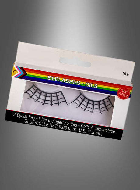 Die selbstklebenden „Schwarze Spinnennetz-Wimpern“ – perfekt für Halloween – zeichnen sich durch ein auffälliges Spinnennetz-Design aus und sind in einer mit Regenbogenstreifen verzierten Schachtel verpackt, die für Personen ab 14 Jahren gekennzeichnet ist. Diese selbstklebenden Halloween-Wimpern (auch „Spinnennetz-Wimpern“ genannt) werden komplett mit im Set enthaltenem Kleber geliefert.