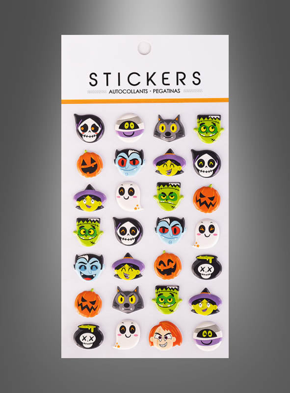 Der „Halloween-Sticker für Kinder“ ist ein Bogen mit Aufklebern zum Thema Halloween – ideal als originelles Halloween-Mitbringsel –, auf dem Kürbisse, Hexen, Geister, Vampire, schwarze Katzen und Totenköpfe in fünf Reihen auf grauem Hintergrund angeordnet sind.
