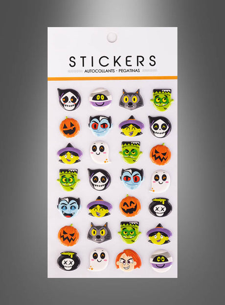 Der „Halloween-Sticker für Kinder“ ist ein Bogen mit Aufklebern zum Thema Halloween – ideal als originelles Halloween-Mitbringsel –, auf dem Kürbisse, Hexen, Geister, Vampire, schwarze Katzen und Totenköpfe in fünf Reihen auf grauem Hintergrund angeordnet sind.