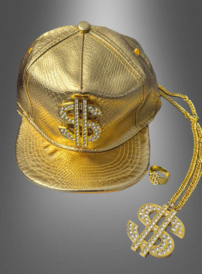 Hip-Hop-Kostüm-Set für Rapper: goldfarbene Mütze mit Dollarzeichen-Emblem, dazu passende goldene Kette mit Dollarzeichen-Anhänger und ein goldener Ring auf grauem Hintergrund – das perfekte Accessoire für dein ultimatives Bling-Bling-Set oder als Blickfang für jedes Hip-Hop-Kostüm.