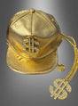 Hip-Hop-Kostüm-Set für Rapper: goldfarbene Mütze mit Dollarzeichen-Emblem, dazu passende goldene Kette mit Dollarzeichen-Anhänger und ein goldener Ring auf grauem Hintergrund – das perfekte Accessoire für dein ultimatives Bling-Bling-Set oder als Blickfang für jedes Hip-Hop-Kostüm.