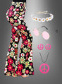 Das Outfit umfasst das „Flower Hippie Set“ mit einer rosa Schlaghose und Accessoires, darunter eine geblümte Schlaghose im Stil der 70er-Jahre, ein weißes Gänseblümchen-Stirnband, eine runde rosa Sonnenbrille, rosa Peace-Zeichen-Ohrringe und eine passende Peace-Zeichen-Halskette – perfekt, um dein Hippie-Party-Outfit abzurunden. Abgebildet vor grauem Hintergrund.