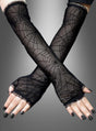 Hände mit „Spinnen Armstulpen lang“ – schwarze, fingerlose Handschuhe mit transparentem Spinnennetzmuster – und lackierten, schwarzen Fingernägeln, elegant vor einem grauen Farbverlaufshintergrund gekreuzt; das perfekte Halloween-Accessoire für Damen.