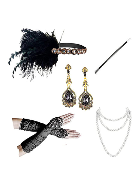 Ein elegantes, gold-schwarzes „Edles Flapper“-Kostümzubehör-Set, bestehend aus einem Vintage-inspirierten Feder-Stirnband, einer Zigarettenspitze, langen Handschuhen, Hängeohrringen und einer Perlenkette, präsentiert vor weißem Hintergrund – das perfekte Accessoire-Set im Stil der 20er Jahre, um Ihren Flapper-Look zu vervollständigen.