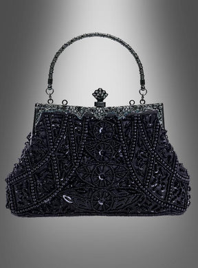 Die schwarze Handtasche im Stil der 20er Jahre mit Pailletten besticht durch aufwendige schwarze Perlenstickerei, kunstvolle Blumenmuster und zarte Perlenstickerei. Diese exquisite Vintage-Abendtasche mit Metallverschluss und dekorativem Henkel wird vor einem grau abgestuften Hintergrund präsentiert und verkörpert perfekt die zeitlose Eleganz der Handtaschen der 20er Jahre.