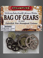 Eine Packung mit der Aufschrift „Steampunk Zahnräder Kostümdeko“ enthält verschiedene Metallzahnräder, die sich ideal als Steampunk-Kostümzubehör eignen, und ist mit einem Warnhinweis zur Erstickungsgefahr versehen.