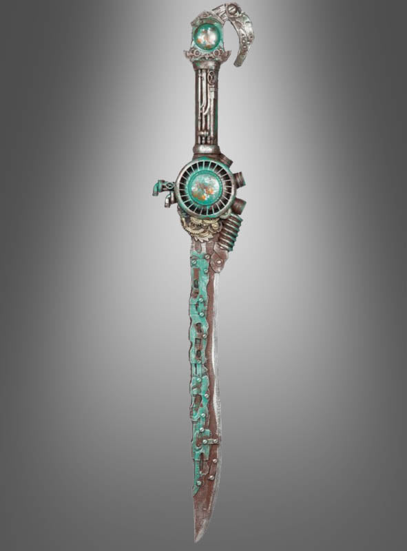 Das Steampunk-Schwert „Steamblade“ (84 cm) besticht durch türkisfarbene Akzente, kunstvolle Gravuren und ein mechanisches Zahnraddesign am Griff und vermittelt vor einem grauen Hintergrund eine eindrucksvolle Steampunk-Ästhetik.