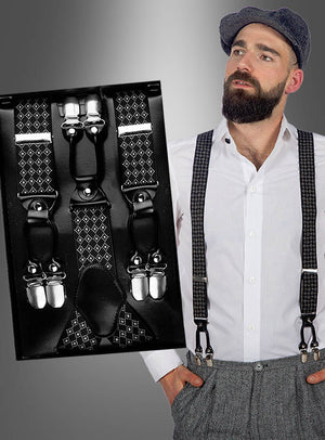 Ein bärtiger Mann mit einer Schirmmütze trägt ein weißes Hemd und gemusterte Hosenträger und verkörpert damit den unverwechselbaren Look der 20er Jahre. Eine Einblendung zeigt eine Nahaufnahme ähnlicher schwarzer „Deluxe 20er Hosenträger“-Geschenkbox-Doppelclips mit geometrischem Muster und robusten Metallclips.