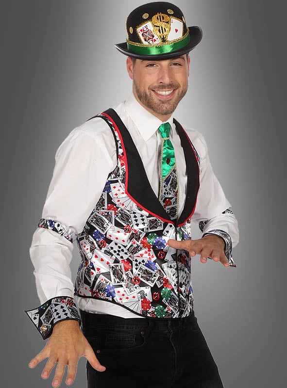 Ein Mann in weißem Hemd, grüner Krawatte, Weste und einer „Schwarzen Melone“ im Casino-Stil, verziert mit Spielkarten und Motiven aus der Casino-Welt, posiert lächelnd vor einem grauen Hintergrund mit Farbverlauf – perfekt für alle Fans von Las-Vegas-Kostümen oder Glücksspieler-Hüten.