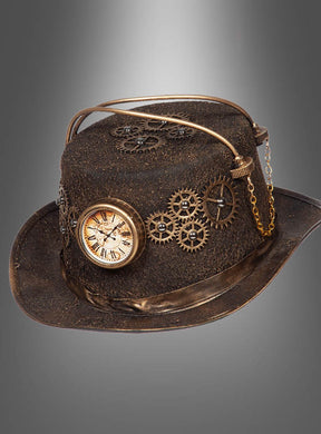 Ein rostgoldfarbener Steampunk-Zylinder in Braun, verziert mit bronzenen Zahnrädern, einem Zifferblatt und Metallketten, wird vor einem grauen Hintergrund mit Farbverlauf präsentiert – ideal, um jedes Steampunk-Kostüm zu vervollständigen oder Ihrem Outfit einen Hauch von viktorianischem Stil zu verleihen.