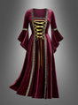 Ein langes, burgunderrotes „Mittelalterkleid Hildegard rot oder grün“ aus Samt mit ausgestellten Ärmeln, Goldbesatz und einer gelben Schnürung vorne (Kleid mit Schnürung) wird vor einem schlichten grauen Hintergrund präsentiert.