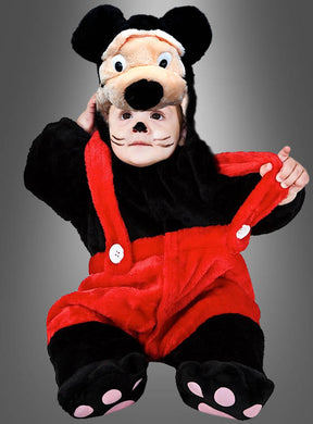 Ein Baby im Maus-Kostüm für Babys – einem entzückenden rot-schwarzen Outfit mit einer Kapuze, großen Ohren und einem süßen Mäusegesicht – sitzt vor einem grauen Hintergrund – das perfekte Fasching-Babykostüm für Ihren Kleinen.