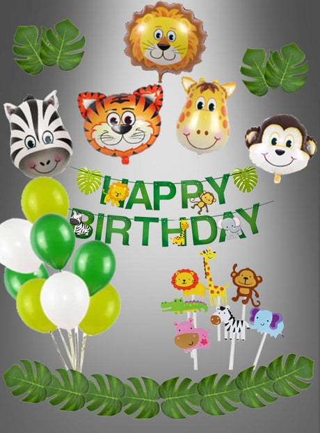 Das 49-teilige „Zootiere“-Party-Dekoset enthält Tierballons, ein „Happy Birthday“-Banner, grüne und weiße Ballons, Tortenfiguren mit Tiermotiven sowie grüne Blattakzente auf grauem Hintergrund – perfekt für die Dekoration Ihrer Kindergeburtstagsfeier im Zoo- oder „Zootiere“-Stil.