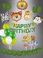 Das 49-teilige „Zootiere“-Party-Dekoset enthält Tierballons, ein „Happy Birthday“-Banner, grüne und weiße Ballons, Tortenfiguren mit Tiermotiven sowie grüne Blattakzente auf grauem Hintergrund – perfekt für die Dekoration Ihrer Kindergeburtstagsfeier im Zoo- oder „Zootiere“-Stil.
