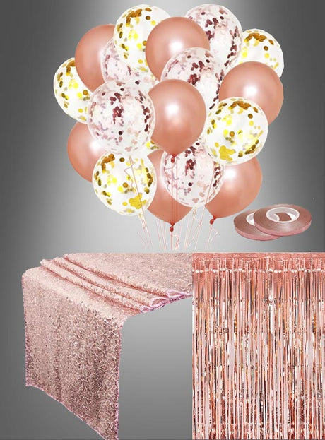 Funkelndes Party-Dekoset in Roségold, 35-teilig, bestehend aus Konfetti-Ballons, einem Pailletten-Tischläufer, einem Hintergrund mit Metallic-Fransen und einem Band – alles wunderschön präsentiert vor einem grauen Hintergrund.