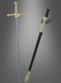 Ein „Musketiere Degen 67 cm für Erwachsene“ mit kunstvoll verziertem goldenem Griff und Parier, der an ein klassisches Musketierenschwert erinnert, wird neben einer dekorativen schwarz-goldenen Scheide präsentiert – perfekt als auffälliges Karnevalskostüm-Accessoire – vor einem grauen Hintergrund mit Farbverlauf.