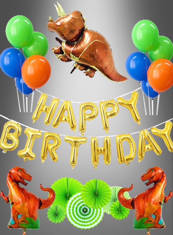 Feiern Sie mit dem Dinosaurier-Partyset „Ballondeko 20 Teile“, bestehend aus goldenen „Happy Birthday“-Ballons, grünen und blauen Ballons, lustigen Ballons in Dinosaurierform und grünen Papierfächern auf grauem Hintergrund – perfekt für eine unvergessliche Dinosaurier-Party-Dekoration zum Kindergeburtstag!.