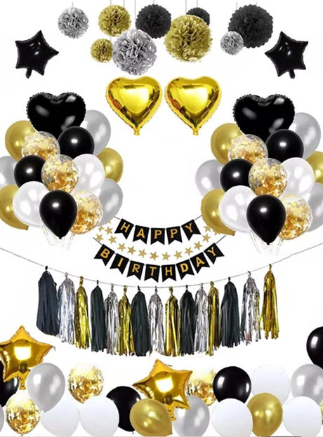 Das „Großes Glamour Party Deko Set schwarz-gold“ umfasst schwarze, goldene und weiße Dekorationsartikel für Geburtstagsfeiern, darunter Luftballons, Pompons, Quastengirlanden, Sternballons und „Happy Birthday“-Banner, die vor einem weißen Hintergrund angeordnet sind – so entsteht eine atemberaubende Dekoration, die sich perfekt für eine stilvolle Feier eignet.