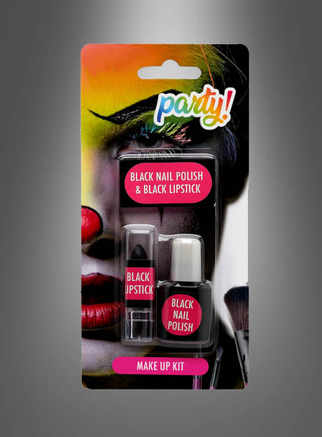 Das Make-up-Set „Party!“ enthält den „Gothic Lippenstift und Nagellack schwarz“ mit schwarzem Lippenstift und schwarzem Nagellack vor dem Hintergrund eines bunt bemalten Gesichts – perfekt als Halloween-Make-up-Set.